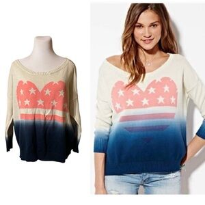AEO 100% Cotton Blue Ombre Americana Heart Stars Oversized Pullover Sweater- M